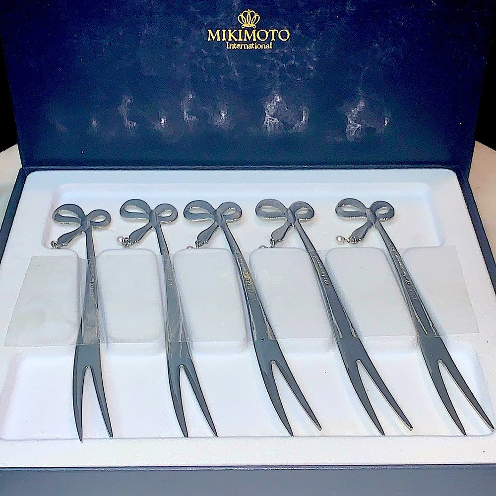 MIKIMOTO INTERNATIONAL MUDDLERS COCKTAIL FORKS PEARL SILVER  SET OF 5 NEW